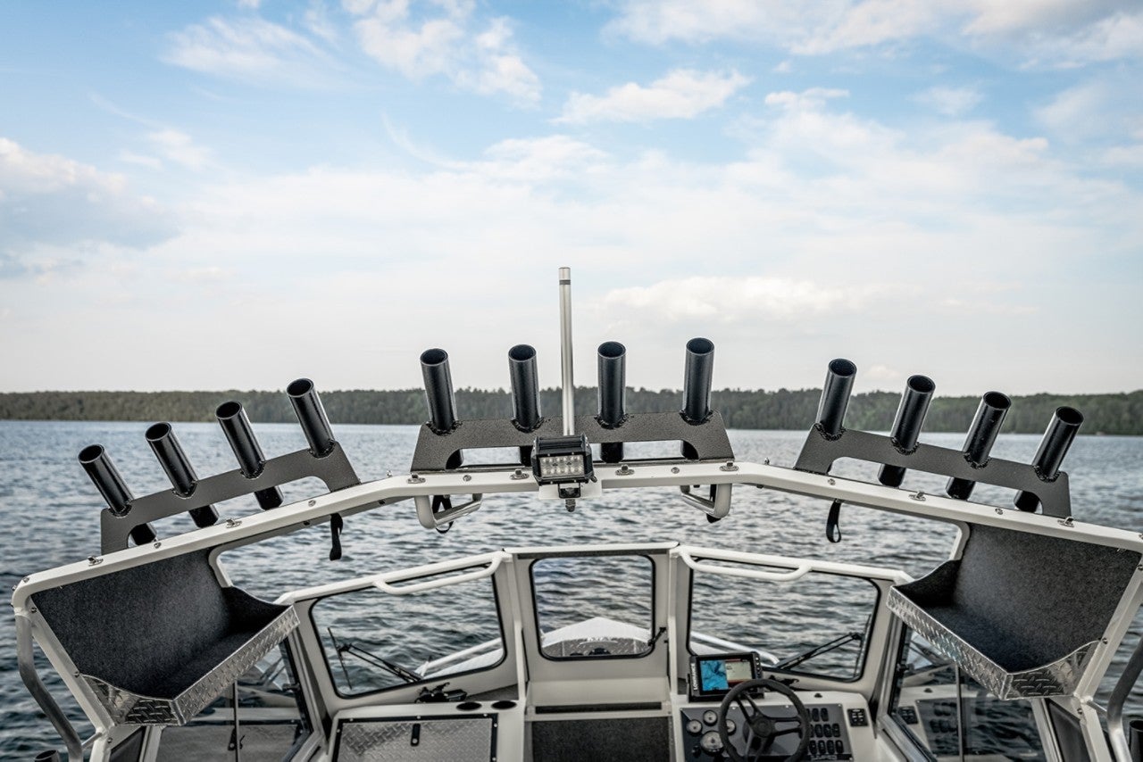 Close up of rod holders on a HG 210 Lund Boat