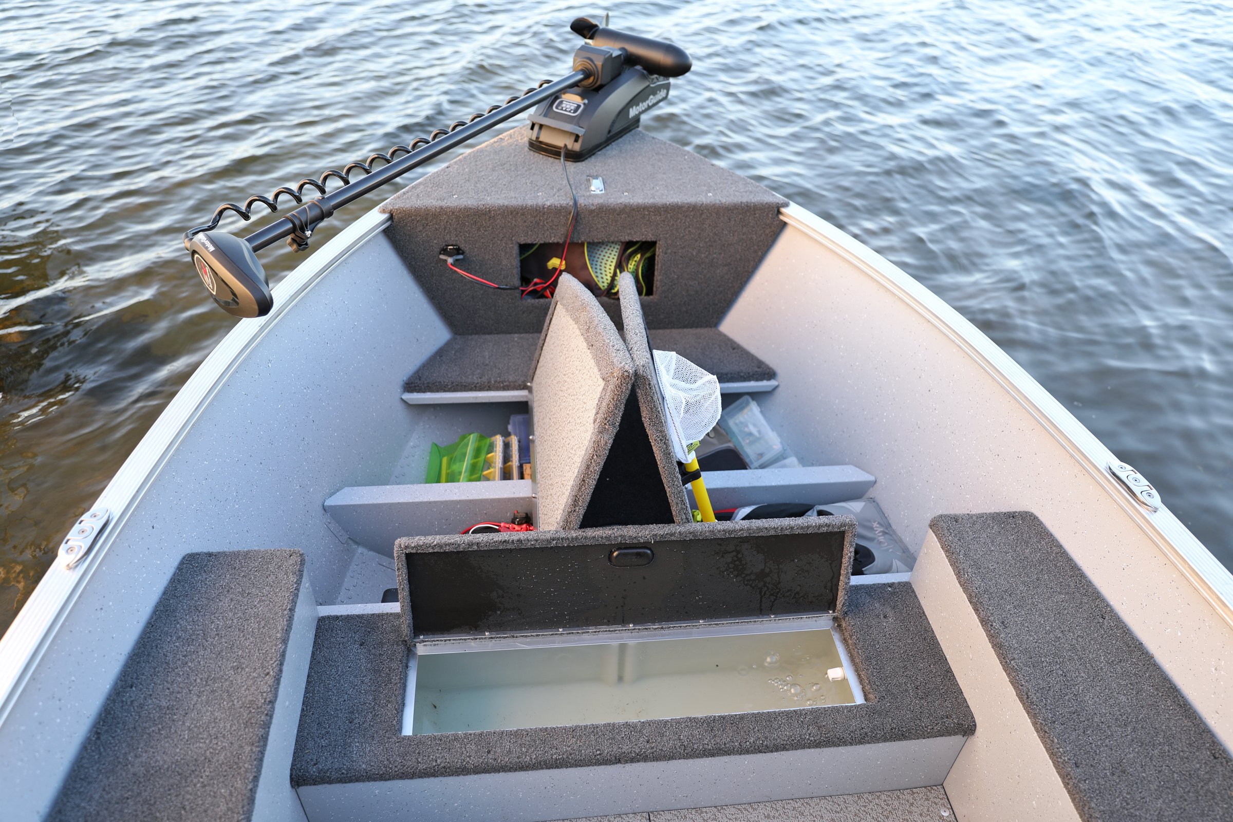 Bow Compartments Open - Tiller